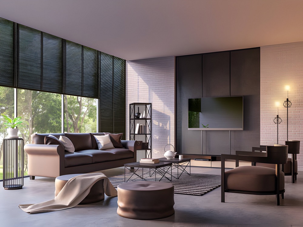 Living room with black blinds