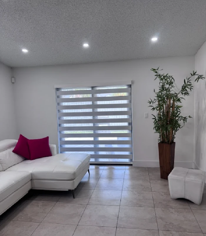 Stylish zebra shades on sliding door in a clean, modern room