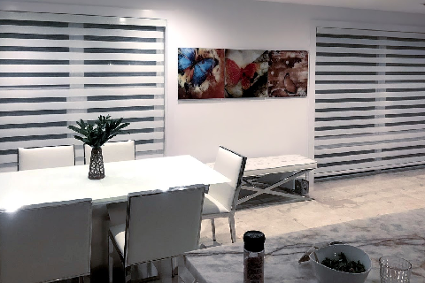 Light-filtering roller shades in modern living room