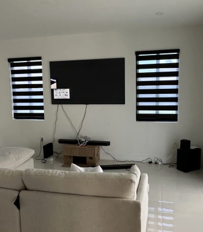 Black zebra blinds in a minimal living room with TV