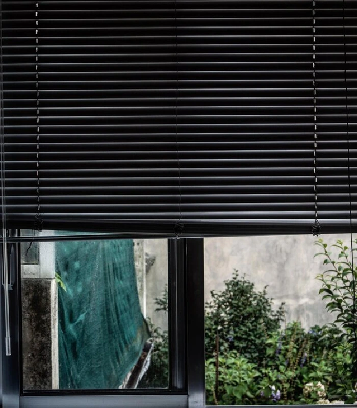 Black blinds filtering natural light from outside