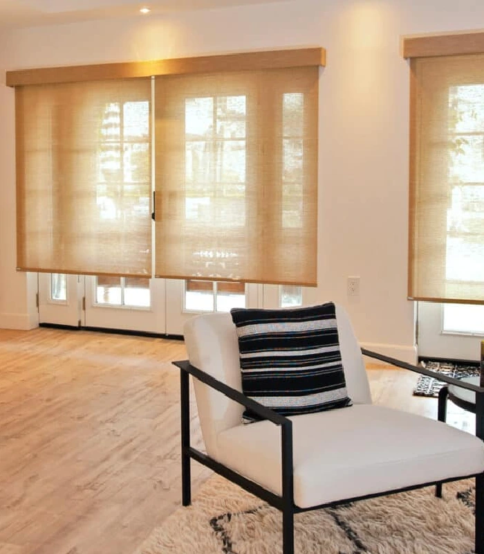 Light beige roller shades filtering sunlight.