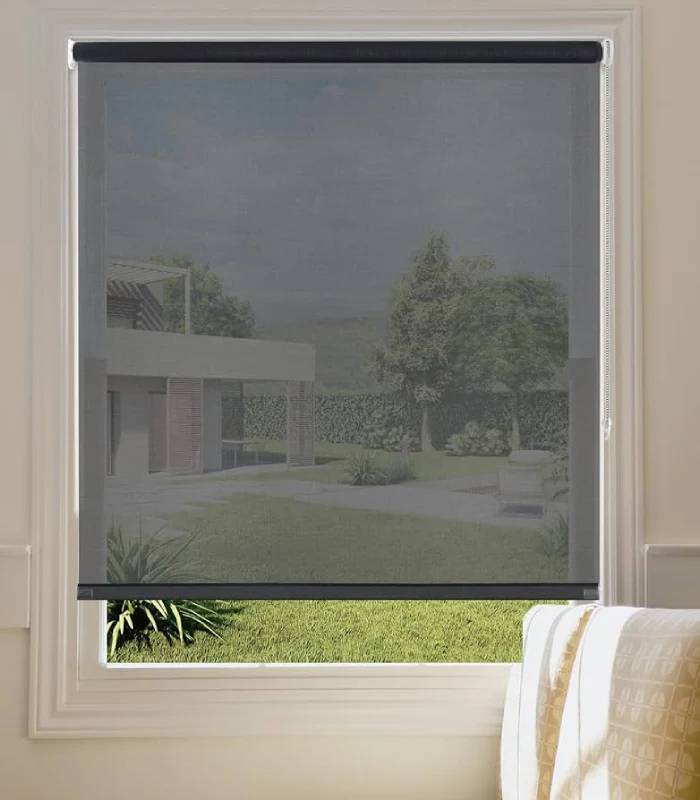 Modern window blinds with outdoor garden view