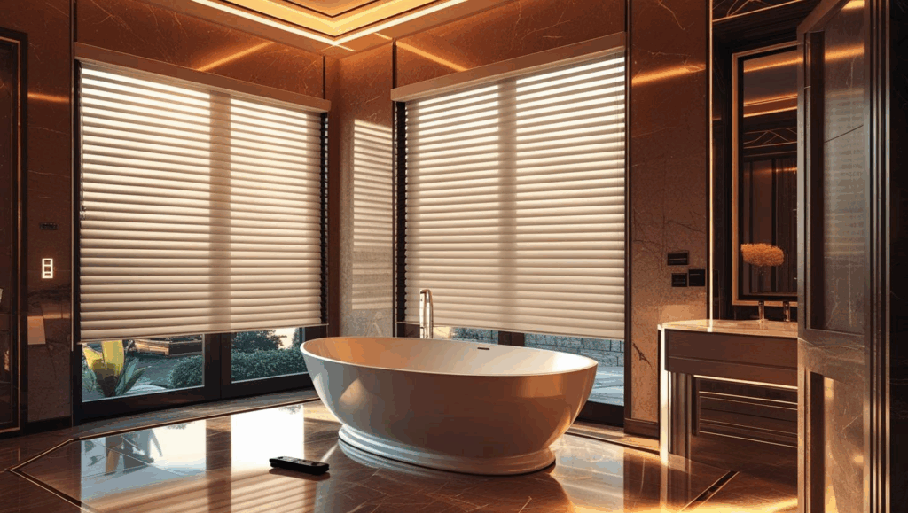 Best bathroom blinds in Miami with white roller shades in a luxury bathroom setting.