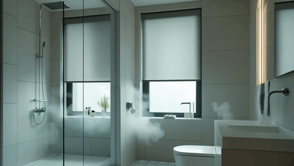 Best bathroom blinds in Miami with modern roller shades in a sleek bathroom.
