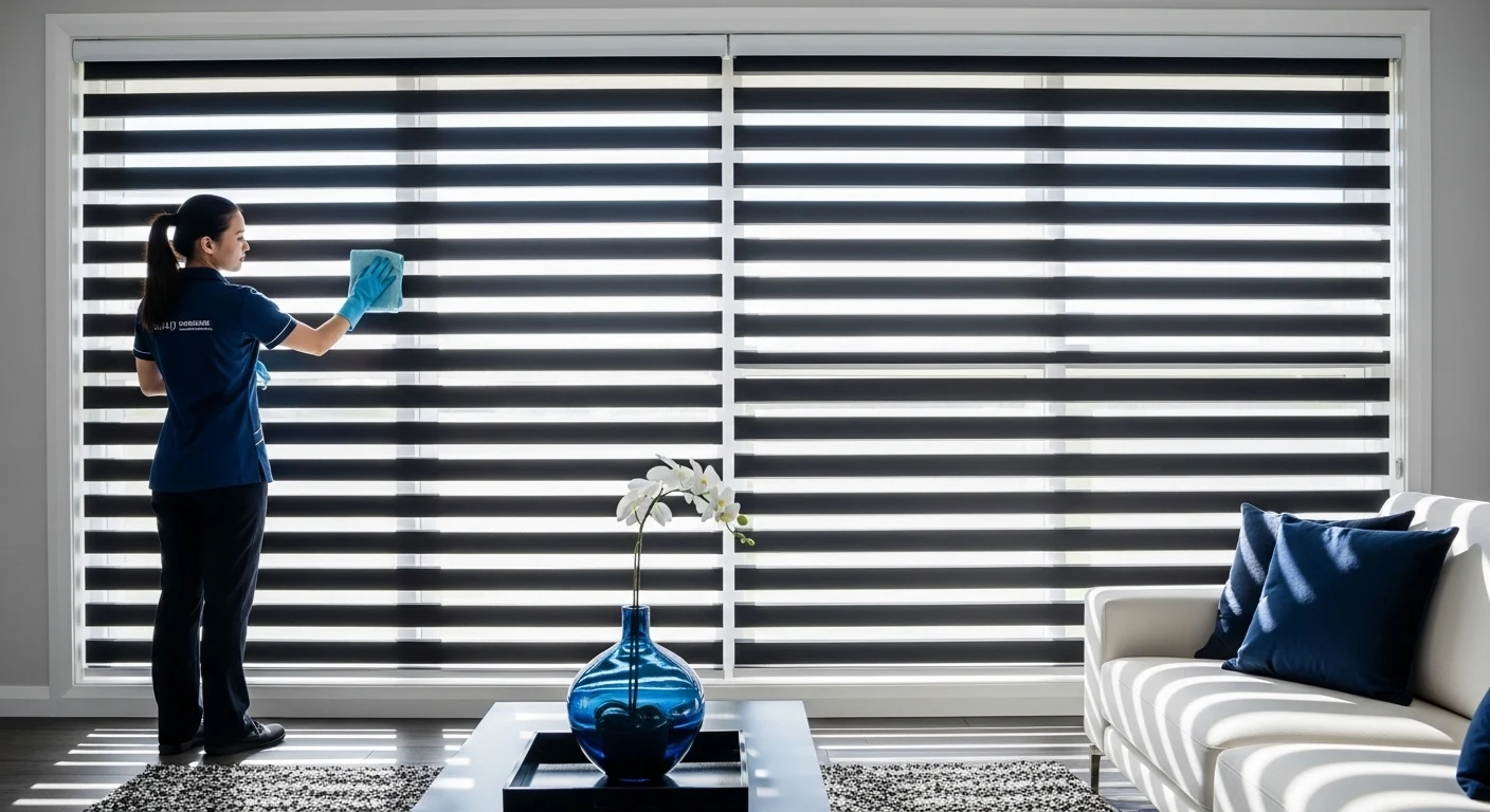 Professional cleaner wiping modern blinds with microfiber cloth in a bright living room