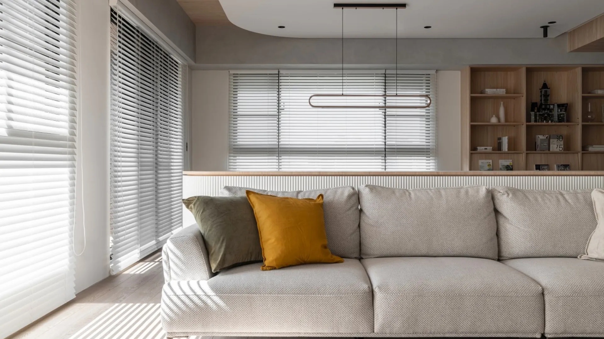 White horizontal blinds modern living room Miami