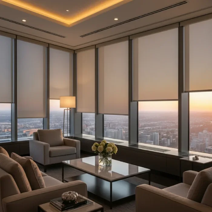 Modern living room with floor-to-ceiling windows and motorized roller shades at sunset.