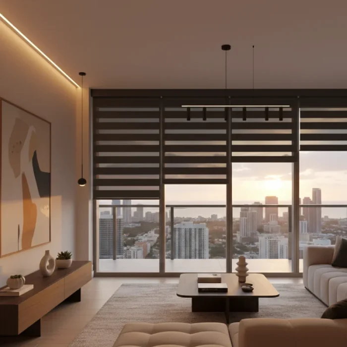 Modern living room with motorized zebra (dual) shades partially open at sunset.