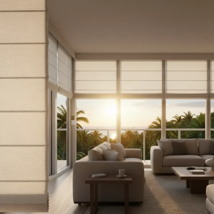 Living room with motorized Roman shades and a tropical sunset view.