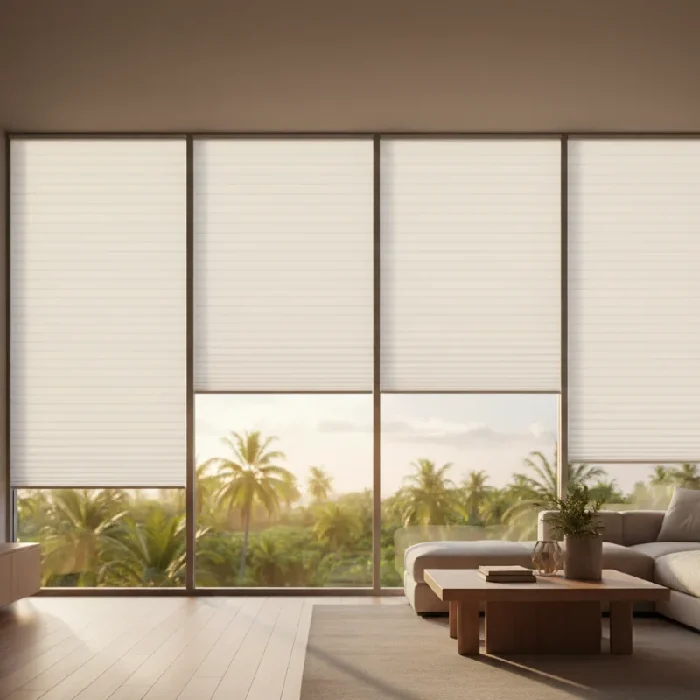 Living room featuring motorized cellular window shades