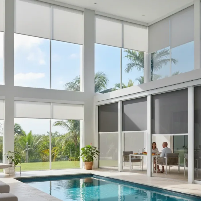 Modern home, pool, motorized shades.
