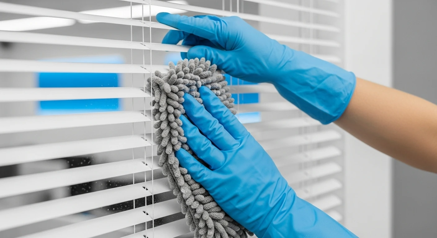 Close-up of hands cleaning white blinds with a microfiber mitt, How Do Professionals Clean Blinds