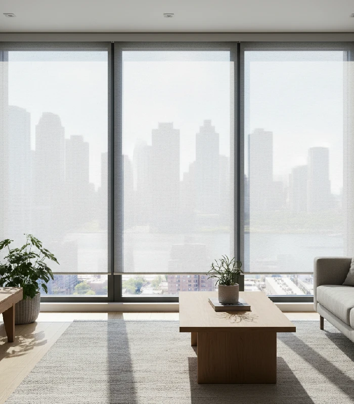 Screen shades cover large windows in a modern living room