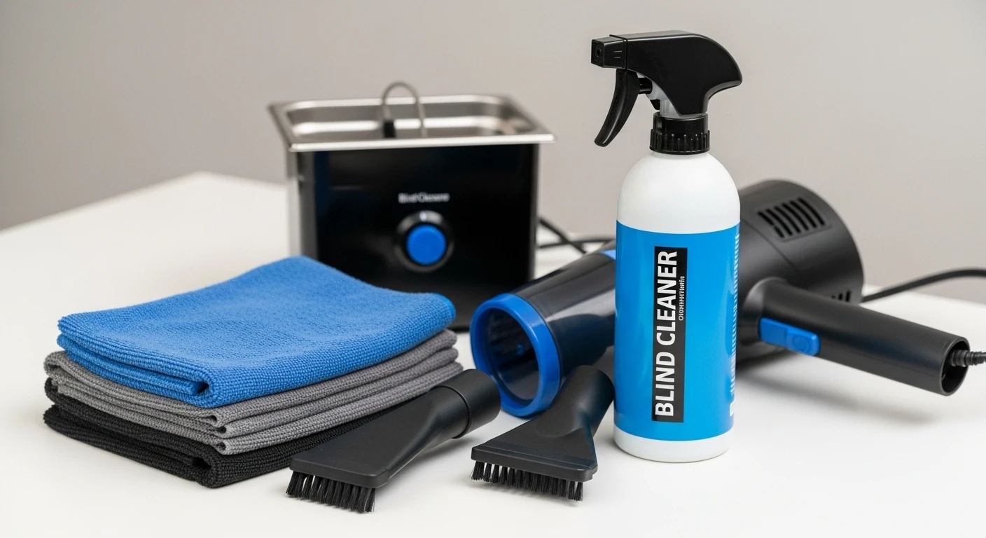 Professional blind cleaning tools including vacuum, microfiber cloth, and ultrasonic tank