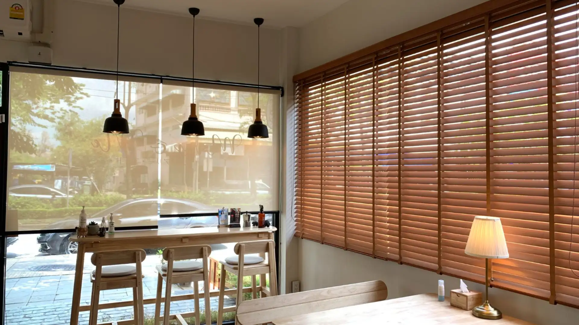 Wood blinds roller shade combo Miami