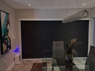 Black blackout window shade installed in modern Miami dining room